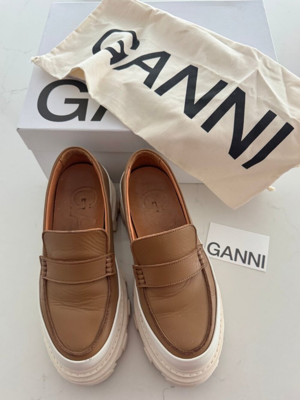 GANNI Chunky Leather Loafers Chipmunk Brown Size 38